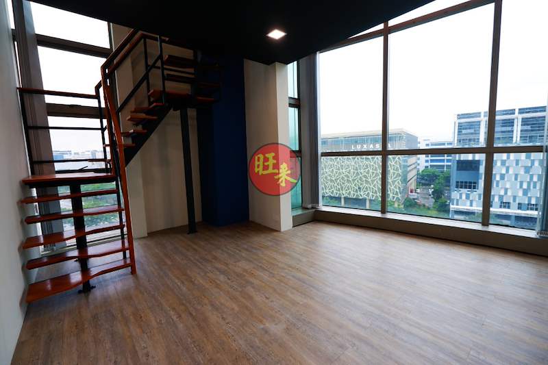 The loft staircase beside full-height windows with a view over neighbouring buildings - Office loft with a cantilevered steel and timber staircase (HomeOffice) | Wong Lye, BCA General Builder Class 2, Singapore