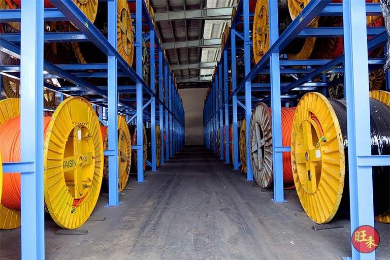 Aisle between the drum racks, drums on both tiers - Heavy-duty cable drum racking in a cable yard (TSE) | Wong Lye, BCA General Builder Class 2, Singapore