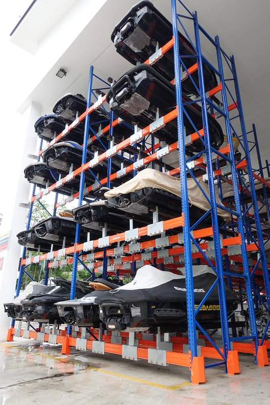 Front view of the five-tier jet ski rack with jet skis on every level - Heavy-duty racking for boats and jet skis (Sentosa) | Wong Lye, BCA General Builder Class 2, Singapore