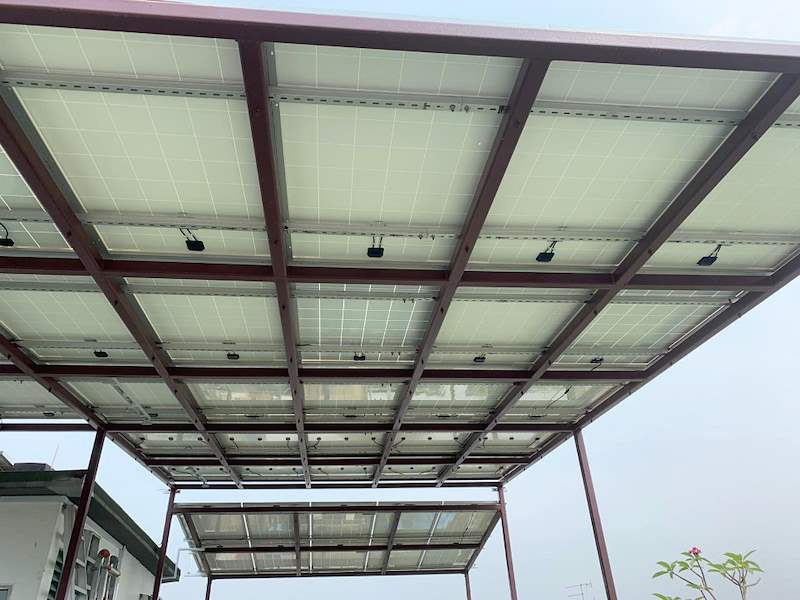 Underside of the steel canopy with the solar panels forming its roof - Rooftop steel canopy carrying solar panels (M28) | Wong Lye, BCA General Builder Class 2, Singapore