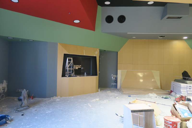 Timber panels and painted ceiling with the control-room window - Music rehearsal studio fit-out with a faceted timber ceiling (Studio) | Wong Lye, BCA General Builder Class 2, Singapore