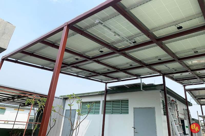 The canopy over the terrace next to the rooftop room, ladder against the wall - Rooftop steel canopy carrying solar panels (M28) | Wong Lye, BCA General Builder Class 2, Singapore