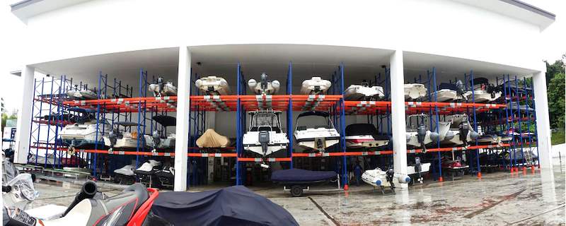 Panoramic view of the boat racking bays under the shed roof - Heavy-duty racking for boats and jet skis (Sentosa) | Wong Lye, BCA General Builder Class 2, Singapore